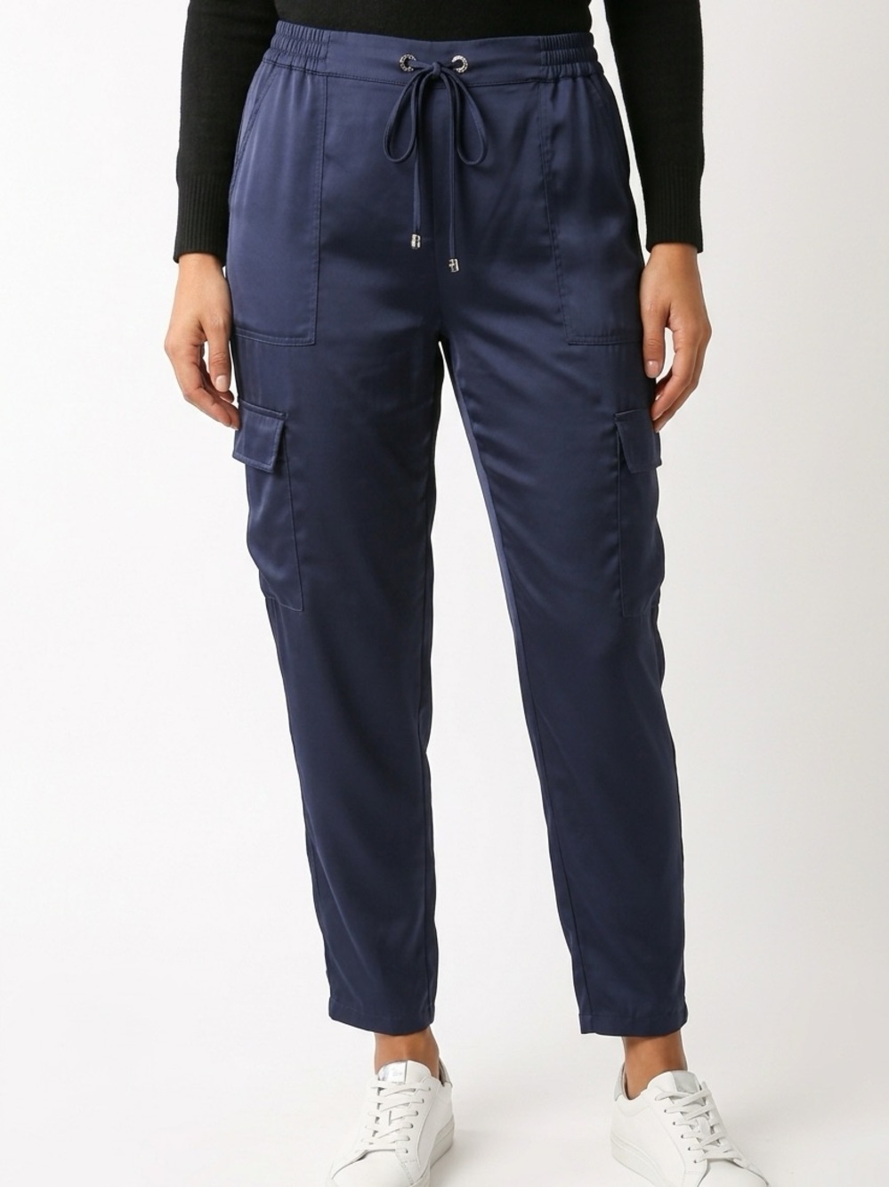 TED BAKER LONDON | Navy Blue Drawstring Satin Cargo Jogger Pants Women’s XL